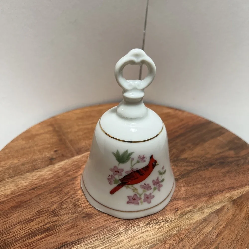 Vintage Porcelain Bell Cardinal Red Bird With Pink Flowers Design 4.5
